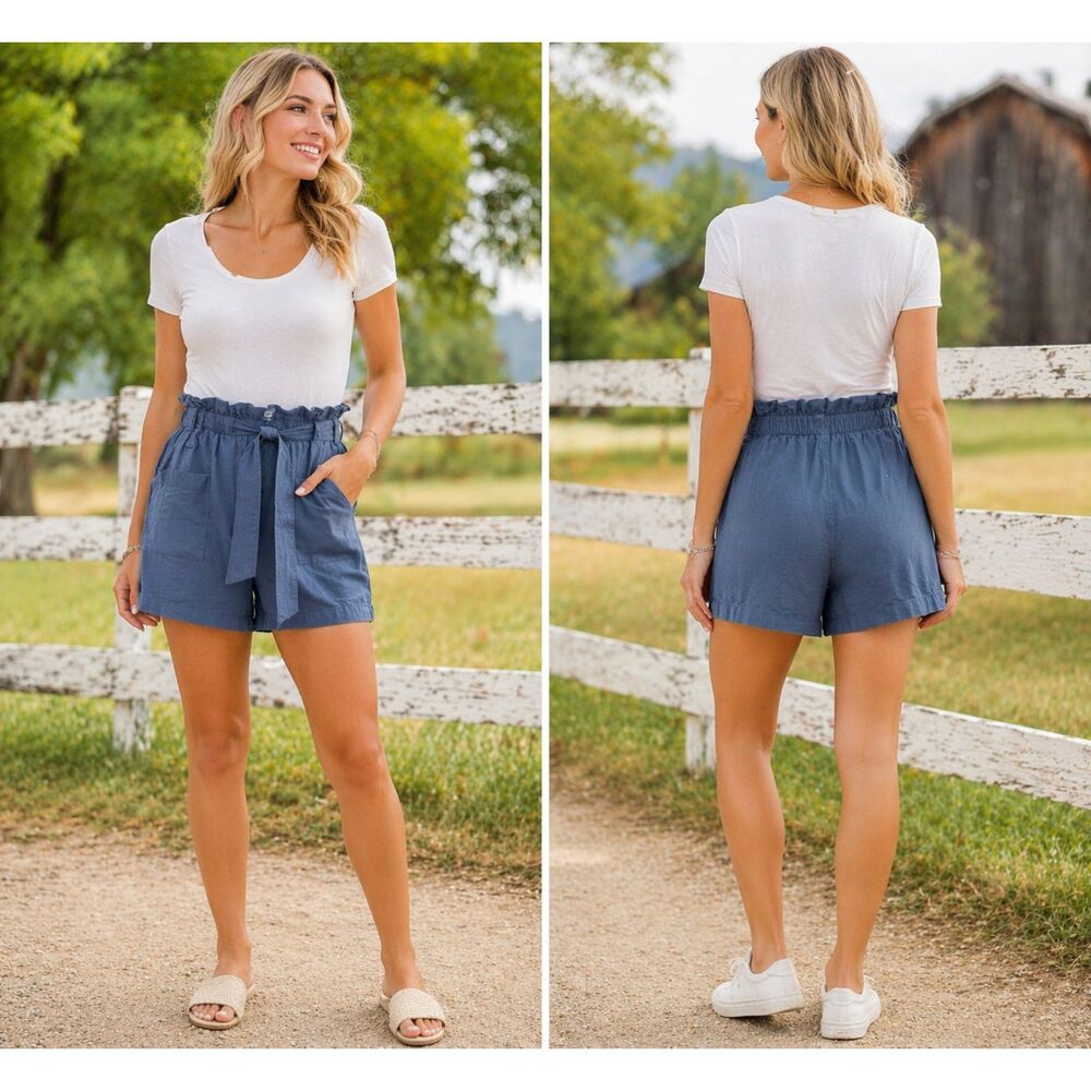 LC Lauren Conrad Paperbag Waist Shorts Blue Tie Belt Pockets Size L Casual #8